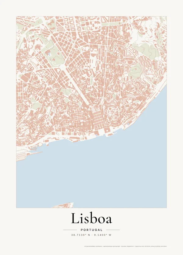 Stadtplan-Poster von Lissabon im Stil Terracotta